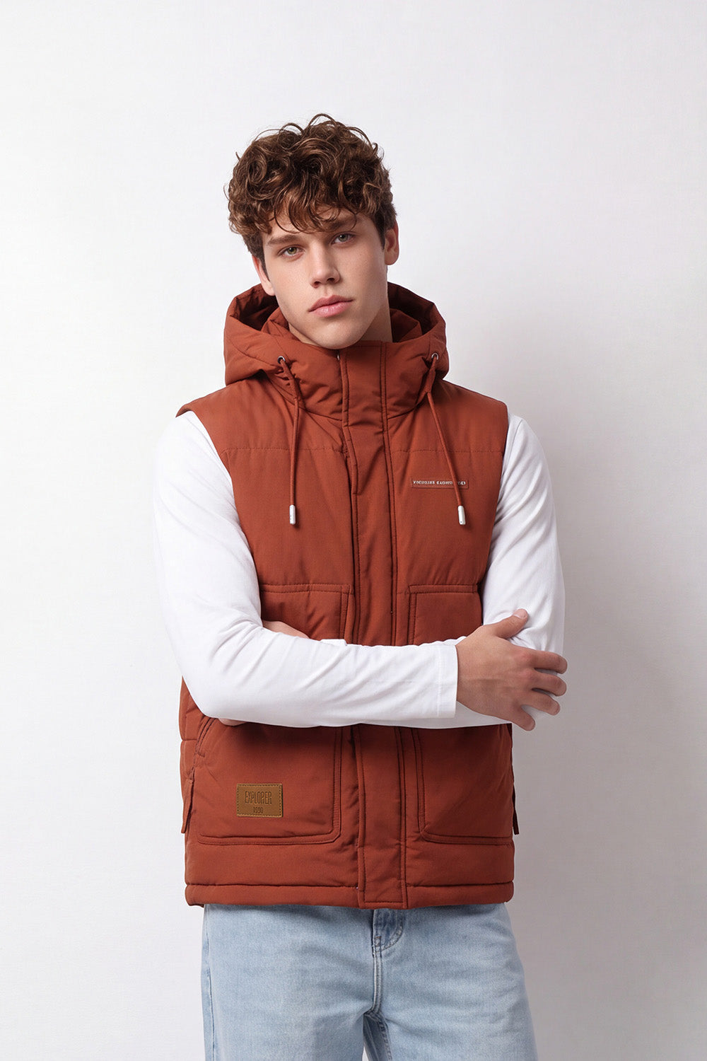 Men's Tomato Store Slim Fit Padded Hooded Vest Sleeveless Drawstring Hood Full-Zip Front Utility Patch Waterproof