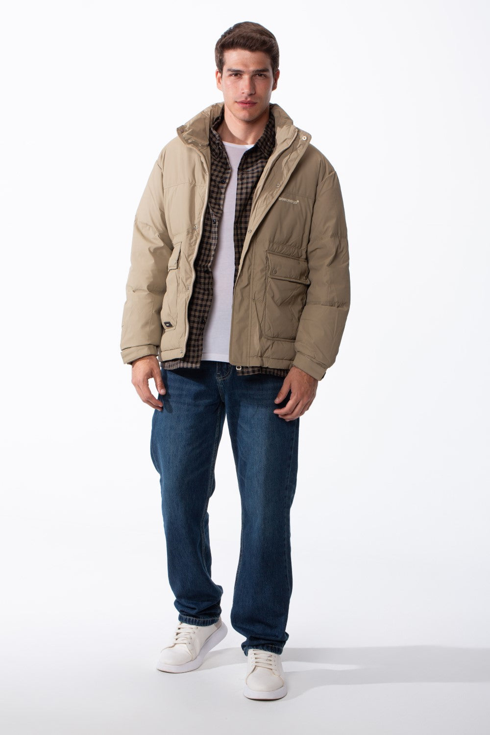 Men's Double Layers High Neck Full Front Zipper With Button Flap Large Pockets Waterproof Jacket