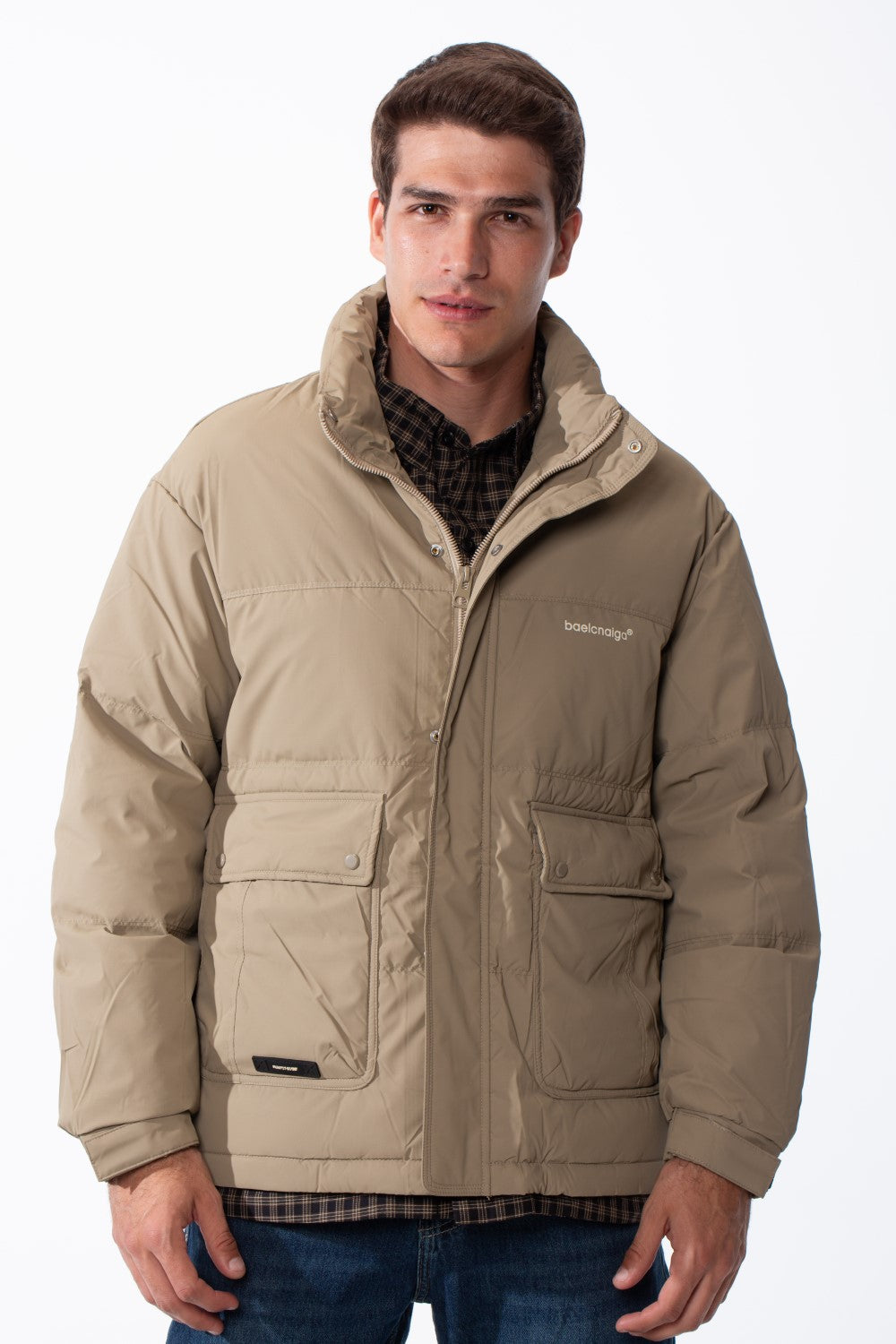 Men's Double Layers High Neck Full Front Zipper With Button Flap Large Pockets Waterproof Jacket