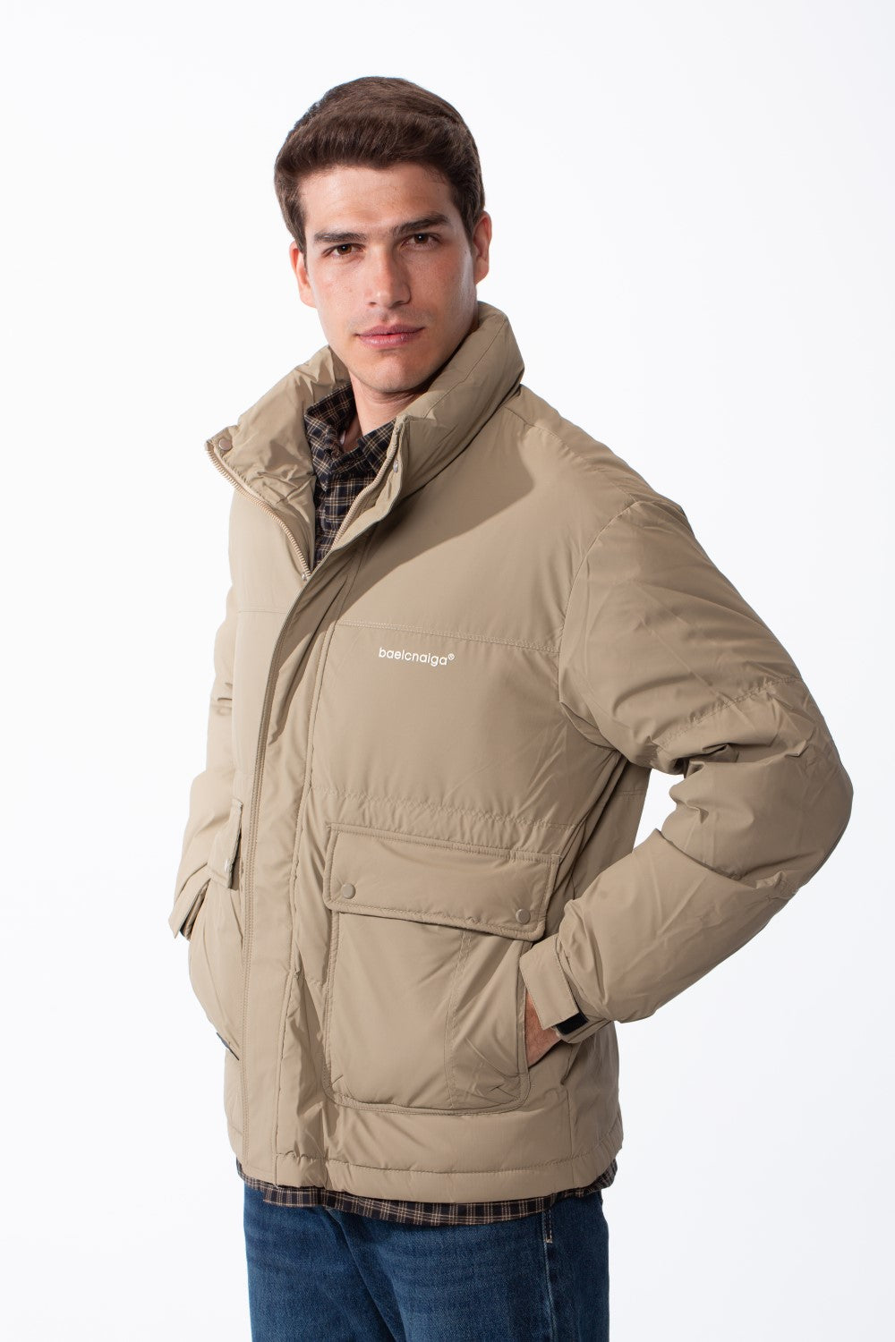 Men's Double Layers High Neck Full Front Zipper With Button Flap Large Pockets Waterproof Jacket
