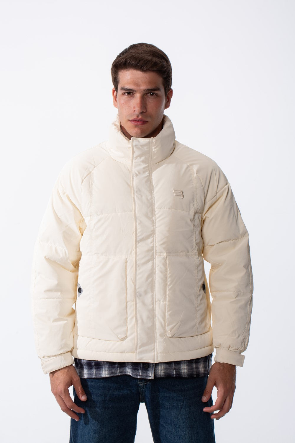 Men's Double Layers High Neck Full Front Zipper With Button Flap Large Pockets Waterproof Jacket