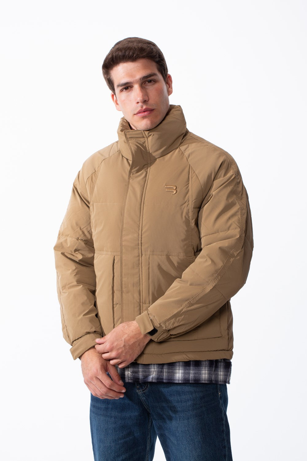 Men's Double Layers High Neck Full Front Zipper With Button Flap Large Pockets Waterproof Jacket