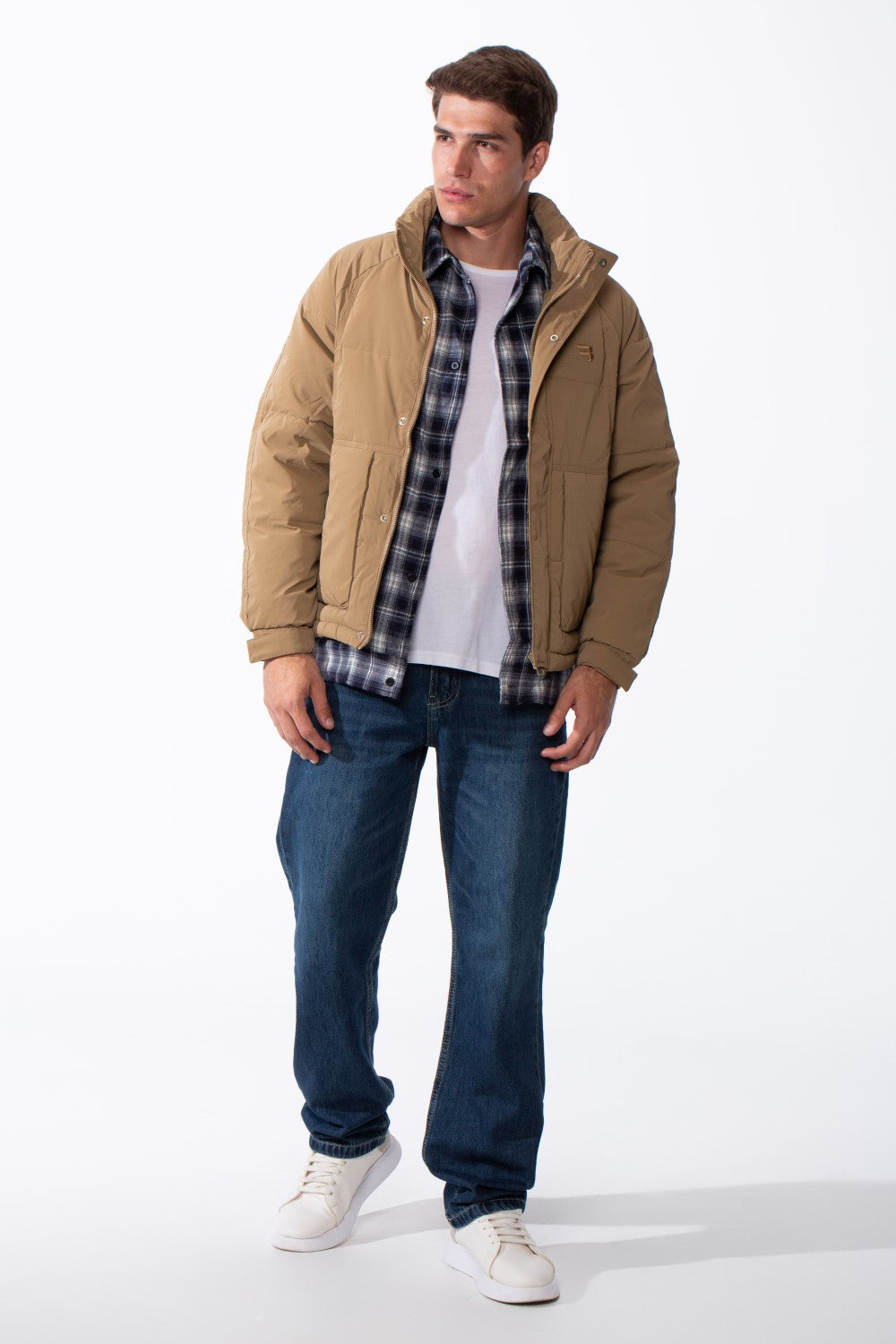 Men's Double Layers High Neck Full Front Zipper With Button Flap Large Pockets Waterproof Jacket