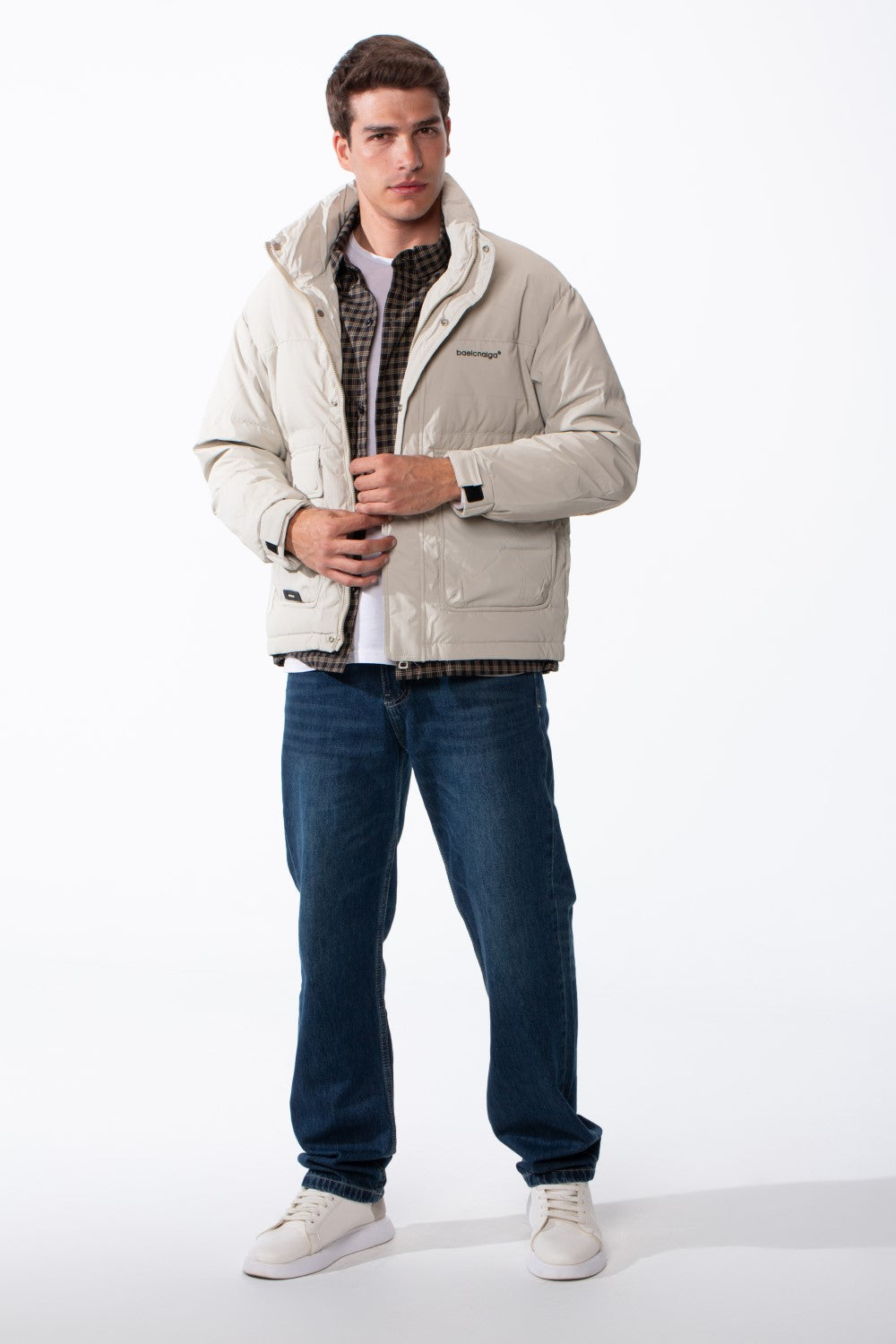Men's Double Layers High Neck Full Front Zipper With Button Flap Large Pockets Waterproof Jacket