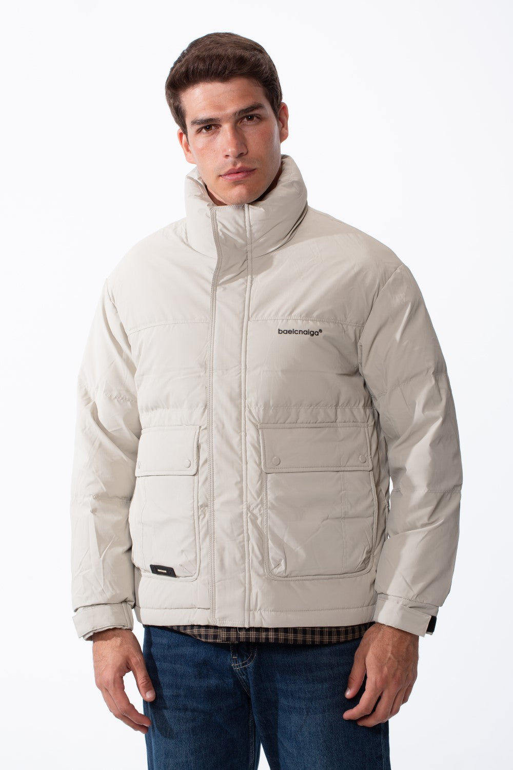 Men's Double Layers High Neck Full Front Zipper With Button Flap Large Pockets Waterproof Jacket