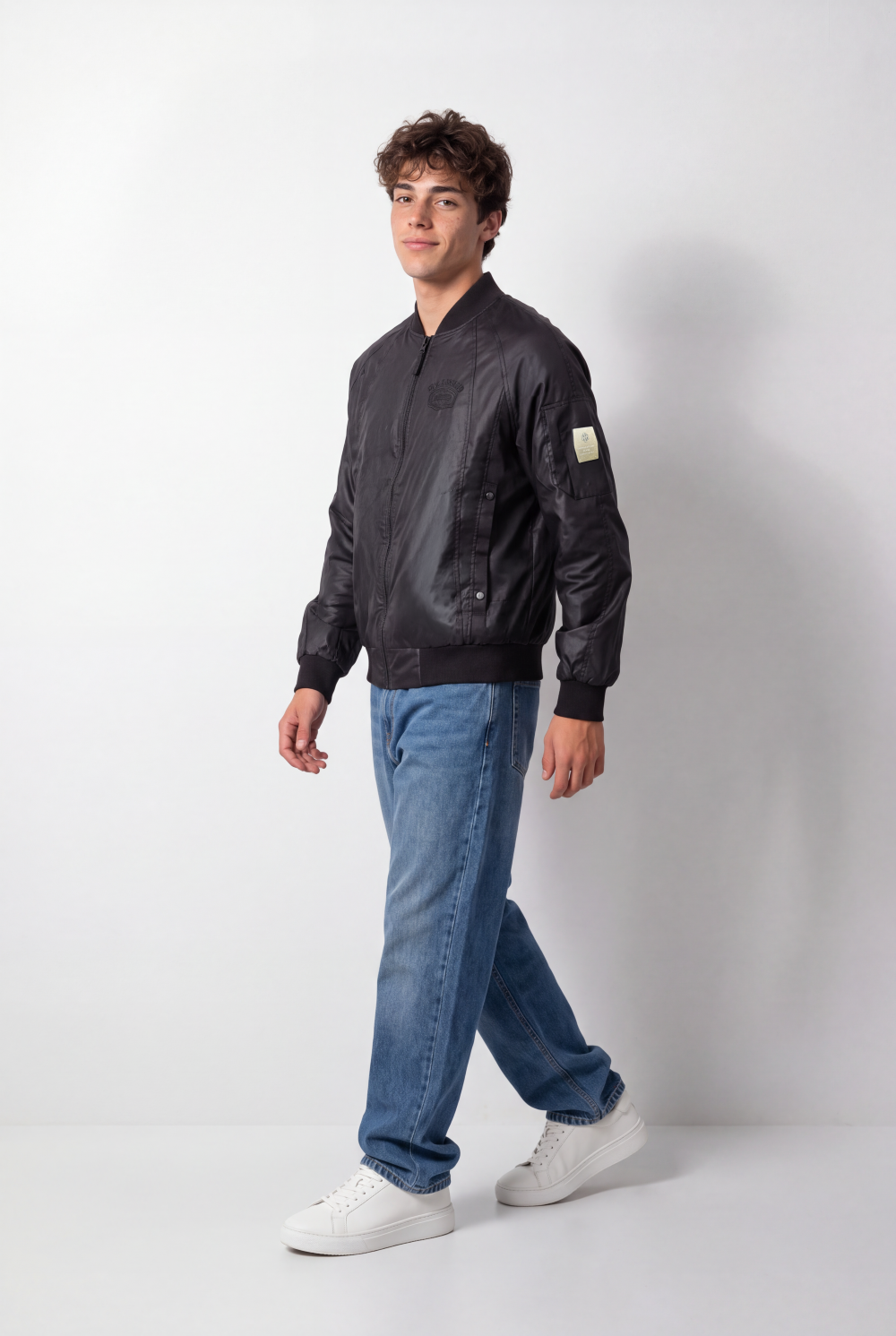 Men's Tomato Store Bomber Jacket Ribbed Collar Full-Zip Front Tonal Chest Embroidery Waterproof