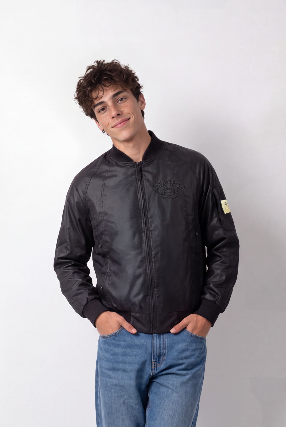 Men's Tomato Store Bomber Jacket Ribbed Collar Full-Zip Front Tonal Chest Embroidery Waterproof