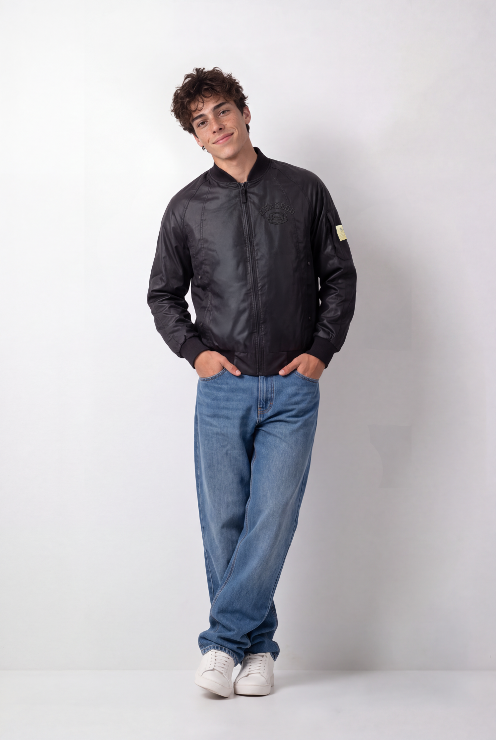 Men's Tomato Store Bomber Jacket Ribbed Collar Full-Zip Front Tonal Chest Embroidery Waterproof