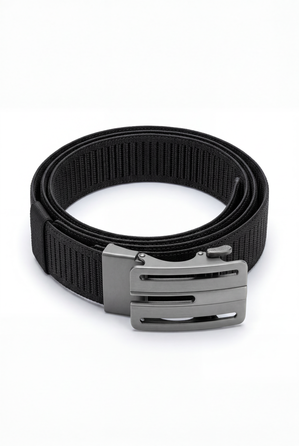 Men’s Tomato Store Industrial Web Belt Brushed Metal Cutout Buckle Structured Frame Design