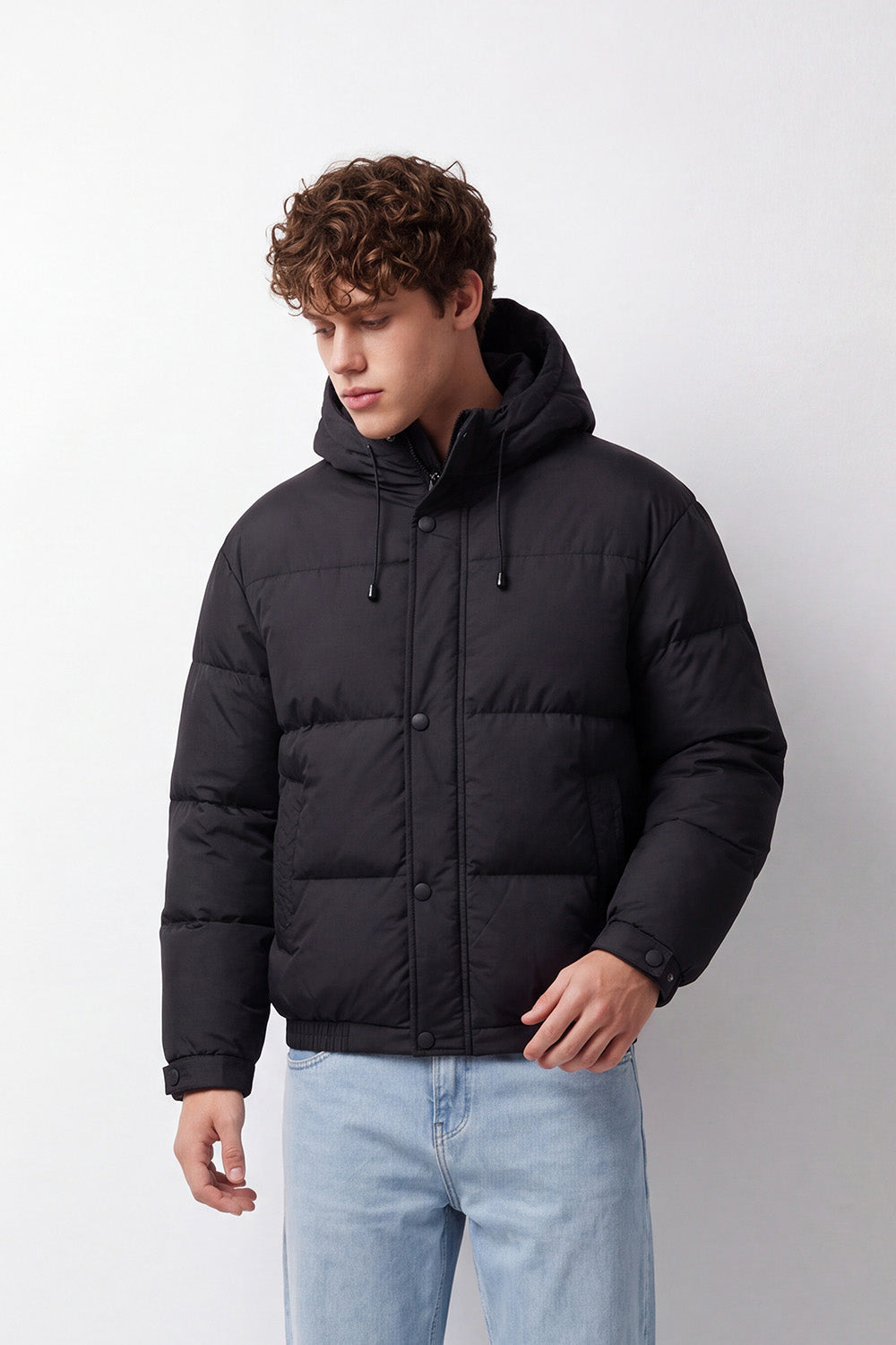 Men's Tomato Store Puffer Jacket Hooded Waterproof Slim Fit Snap Zip Front Side Welt Pockets