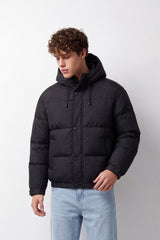 Men's Tomato Store Puffer Jacket Hooded Waterproof Slim Fit Snap Zip Front Side Welt Pockets