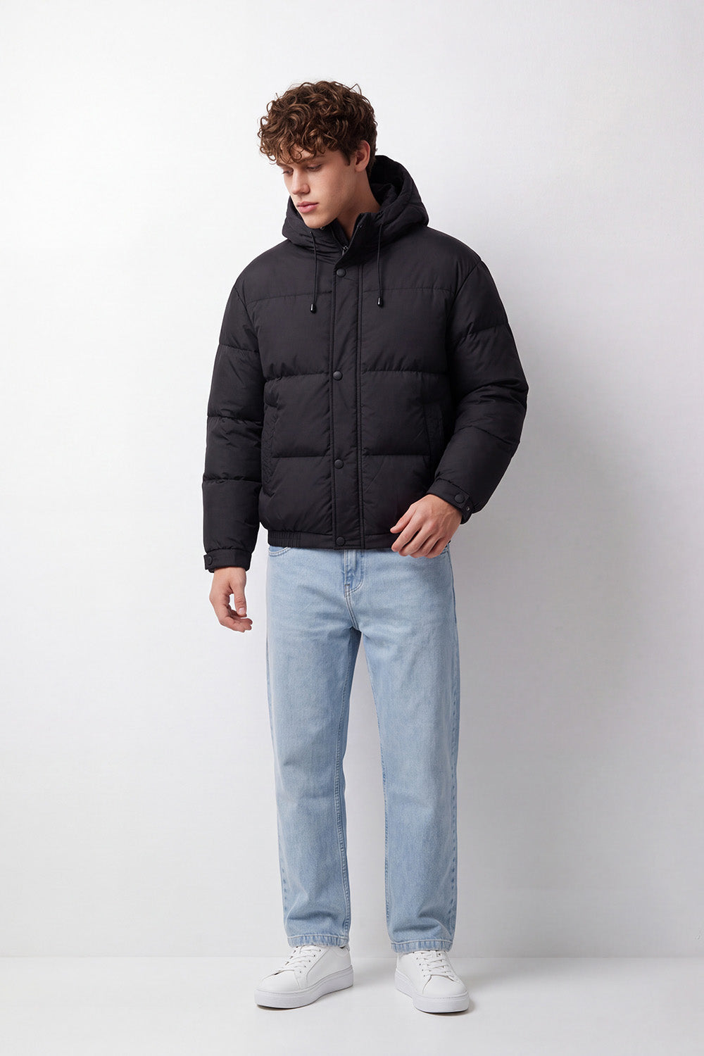 Men's Tomato Store Puffer Jacket Hooded Waterproof Slim Fit Snap Zip Front Side Welt Pockets