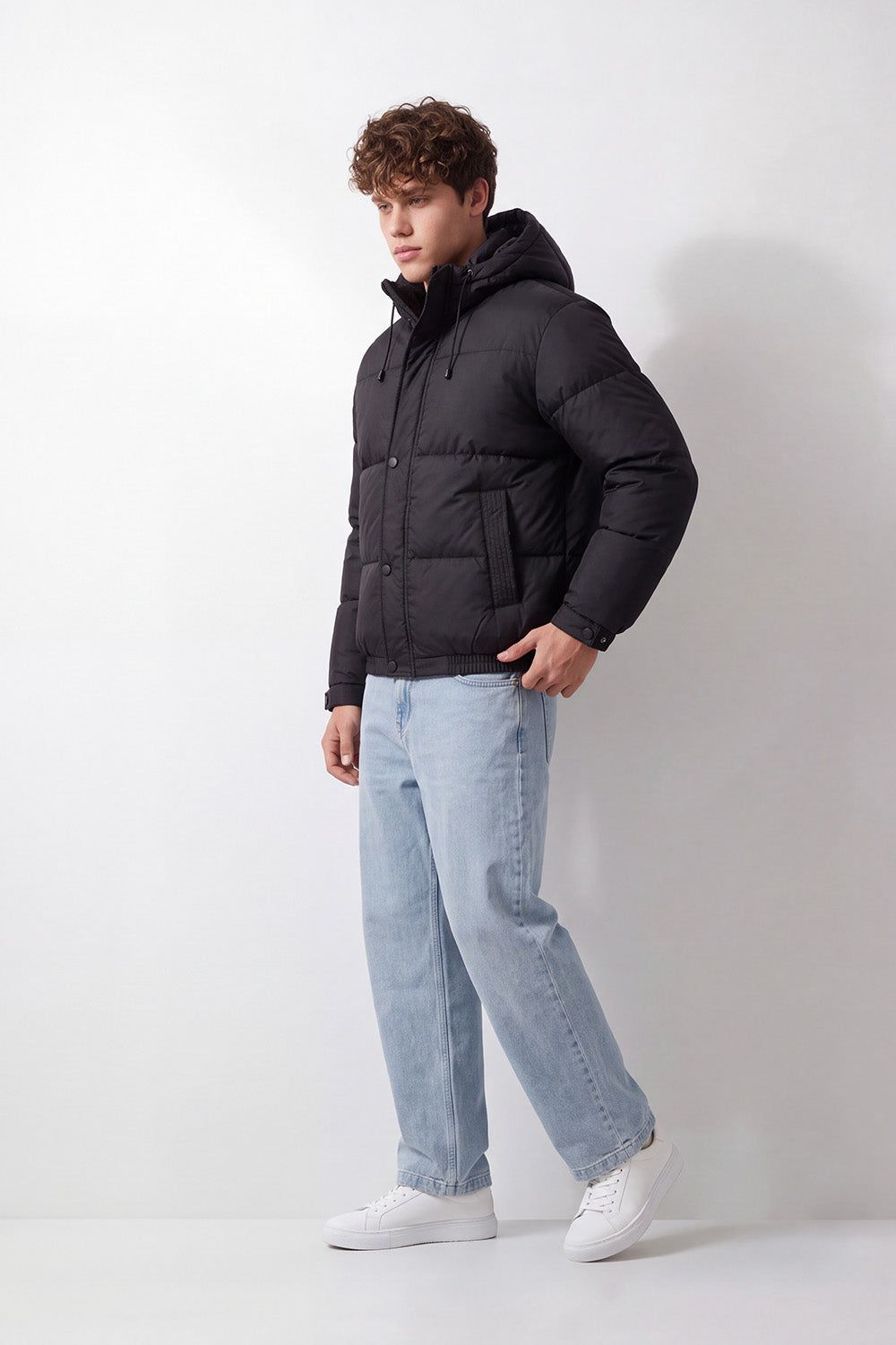 Men's Tomato Store Puffer Jacket Hooded Waterproof Slim Fit Snap Zip Front Side Welt Pockets