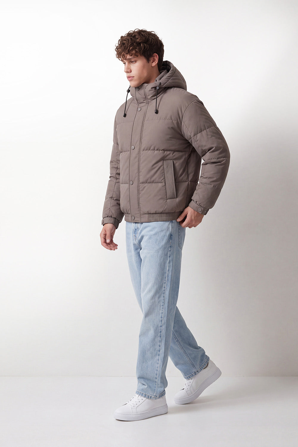 Men's Tomato Store Puffer Jacket Hooded Waterproof Slim Fit Snap Zip Front Side Welt Pockets