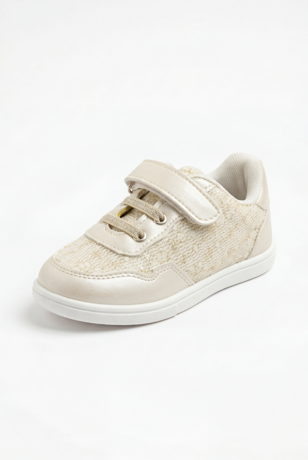 Girl's Playful Design With Soft Structured Feel Upper Unique Mix Of Metallic Leather Delicate Lace-Patterned Hook-And-Loop Strap Shoes