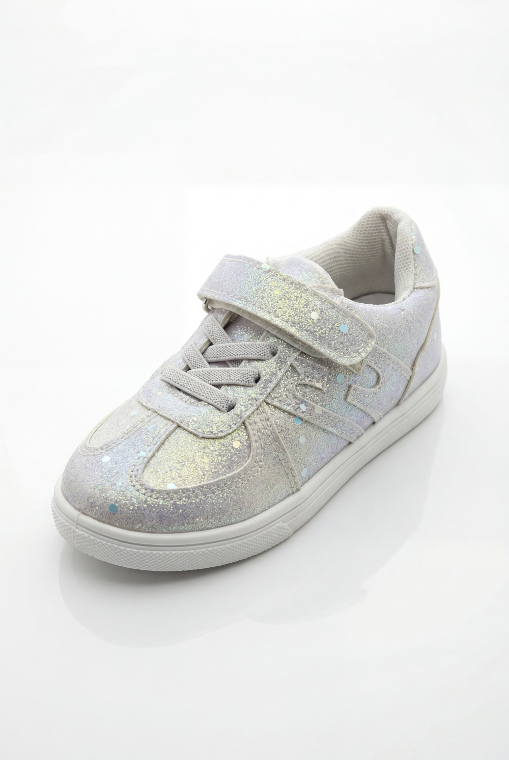 Girl's Sneakers Stunning Iridescent Glitter Textured Material Vibrant Needlework Hook And Loop Strap White Rubber Sole Shoes