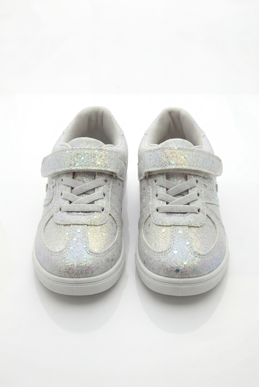 Girl's Sneakers Stunning Iridescent Glitter Textured Material Vibrant Needlework Hook And Loop Strap White Rubber Sole Shoes