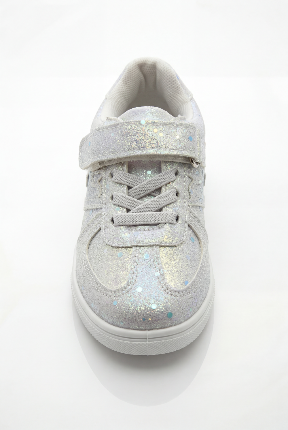 Girl's Sneakers Stunning Iridescent Glitter Textured Material Vibrant Needlework Hook And Loop Strap White Rubber Sole Shoes