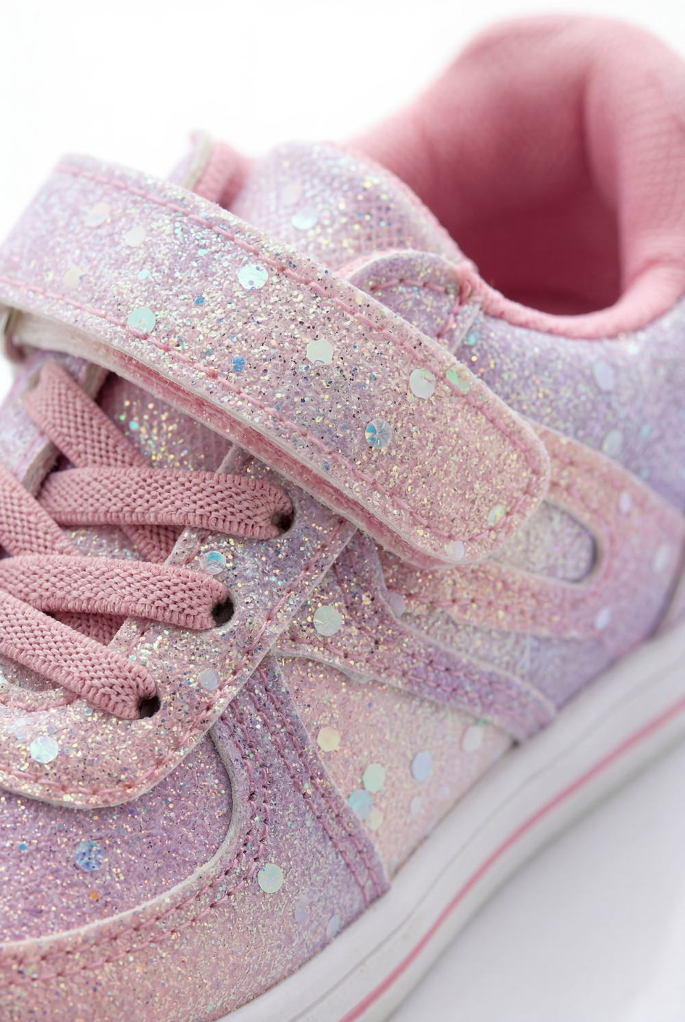 Girl's Sneakers Stunning Iridescent Glitter Textured Material Vibrant Needlework Hook And Loop Strap White Rubber Sole Shoes