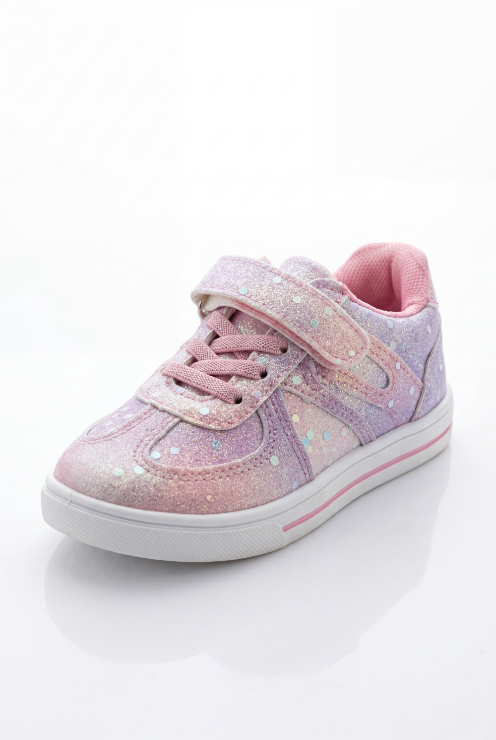 Girl's Sneakers Stunning Iridescent Glitter Textured Material Vibrant Needlework Hook And Loop Strap White Rubber Sole Shoes