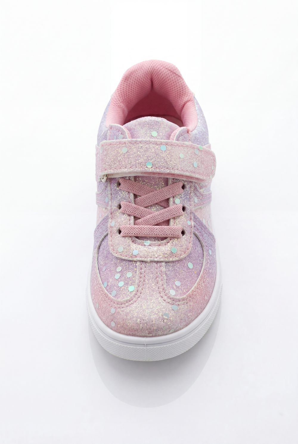Girl's Sneakers Stunning Iridescent Glitter Textured Material Vibrant Needlework Hook And Loop Strap White Rubber Sole Shoes