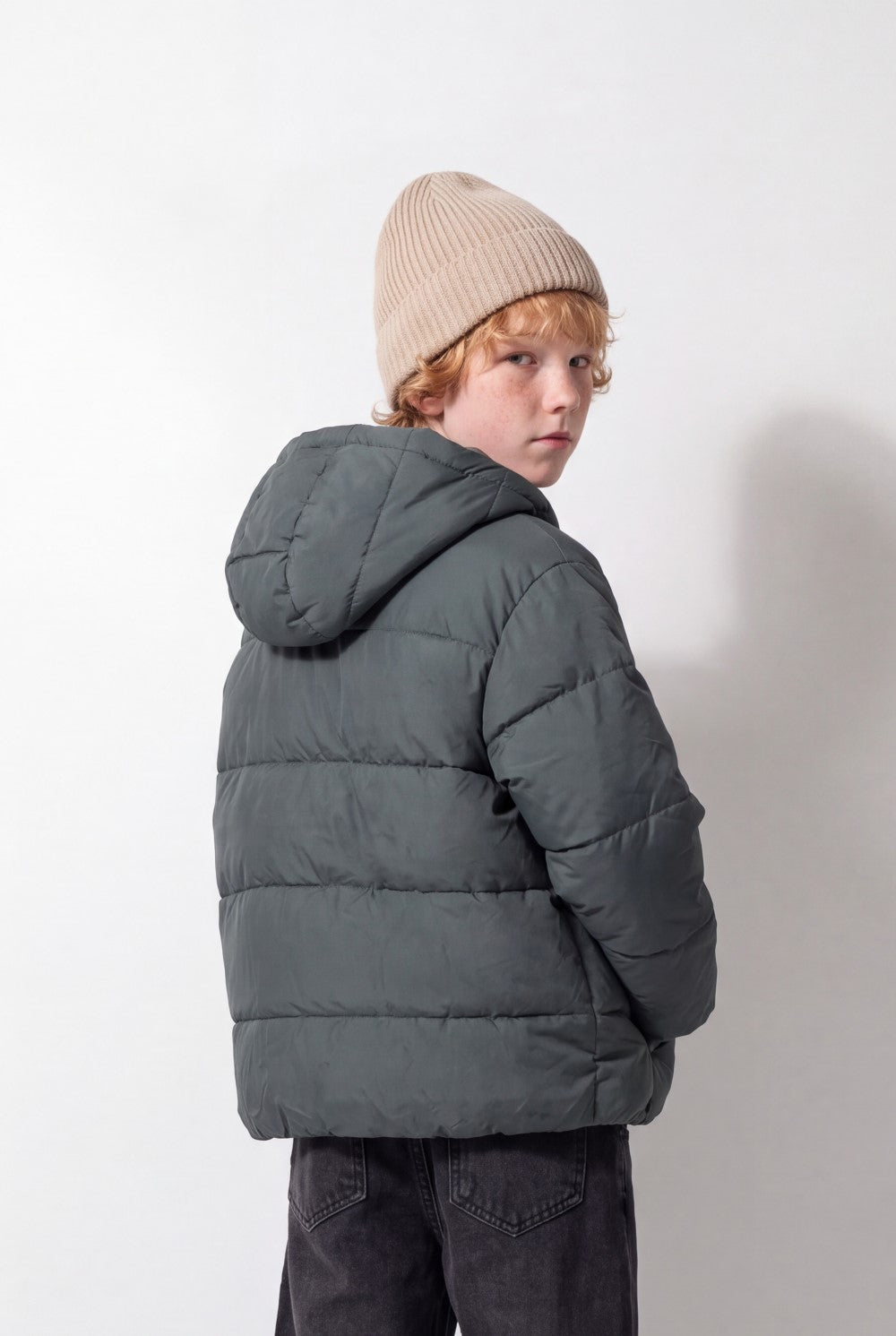 Boy's Tomato Store Puffer Jacket Hooded Design Full-Zip Front Angled Side Pockets Quilted Panel Detail