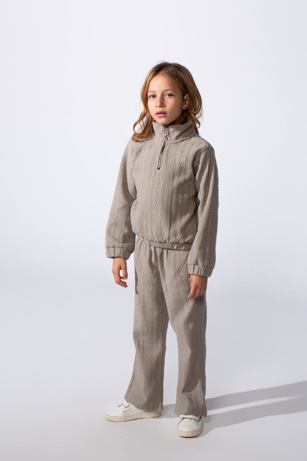 Girl's Tomato Store Textured Outfit High Neck Quarter-Zip Subtle Vertical Pattern Slim Fit