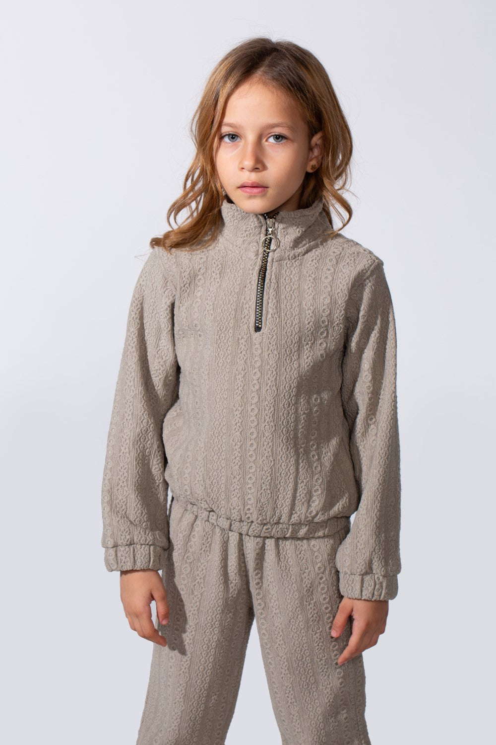 Girl's Tomato Store Textured Outfit High Neck Quarter-Zip Subtle Vertical Pattern Slim Fit