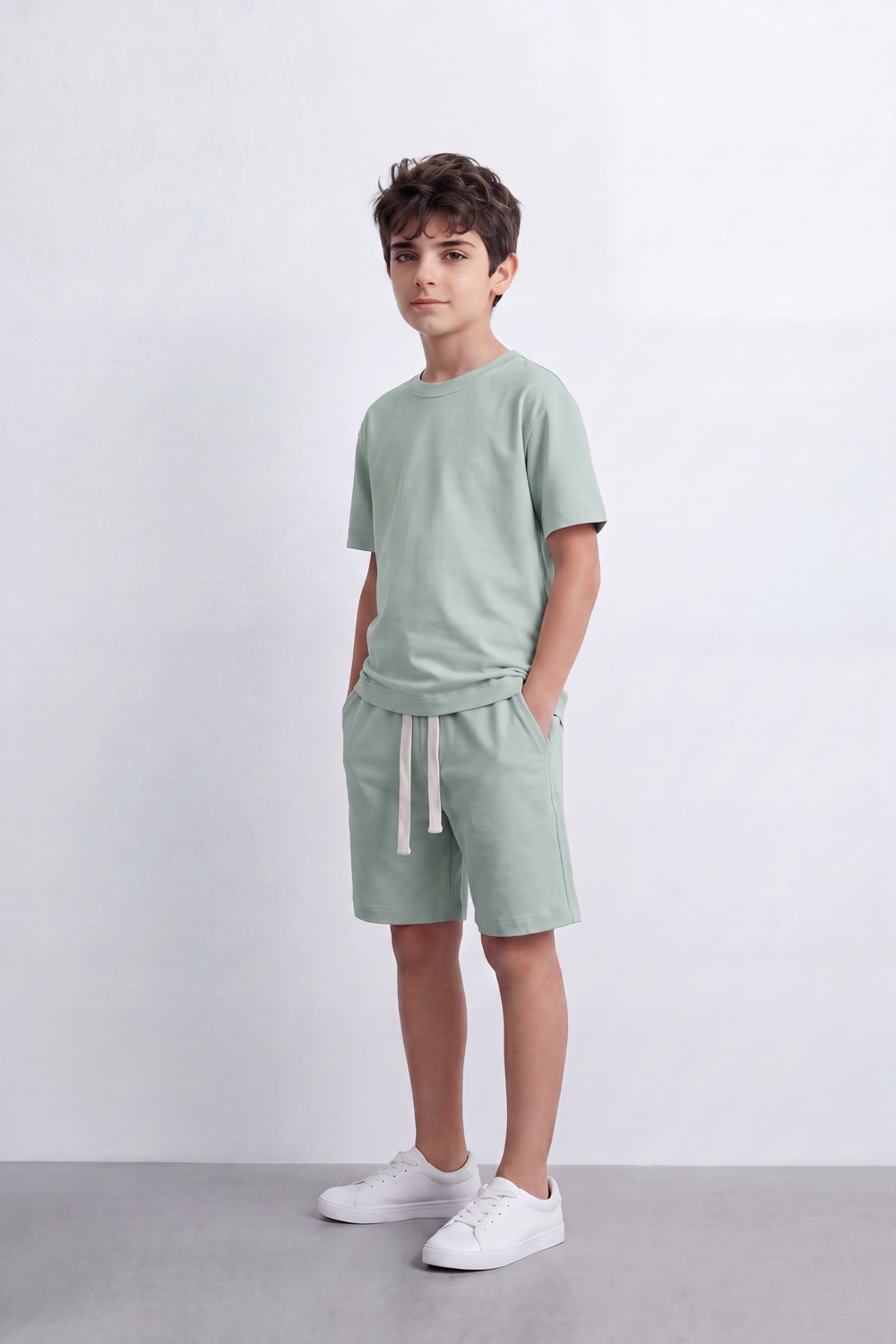 Boy's Tomato Store Summer Melton Jersey Co-Ord Set Minimal Clean Design Relaxed Silhouette Drawstring Waist Soft Finish Oversize Outfit