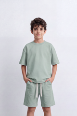 Boy's Tomato Store Summer Melton Jersey Co-Ord Set Minimal Clean Design Relaxed Silhouette Drawstring Waist Soft Finish Oversize Outfit