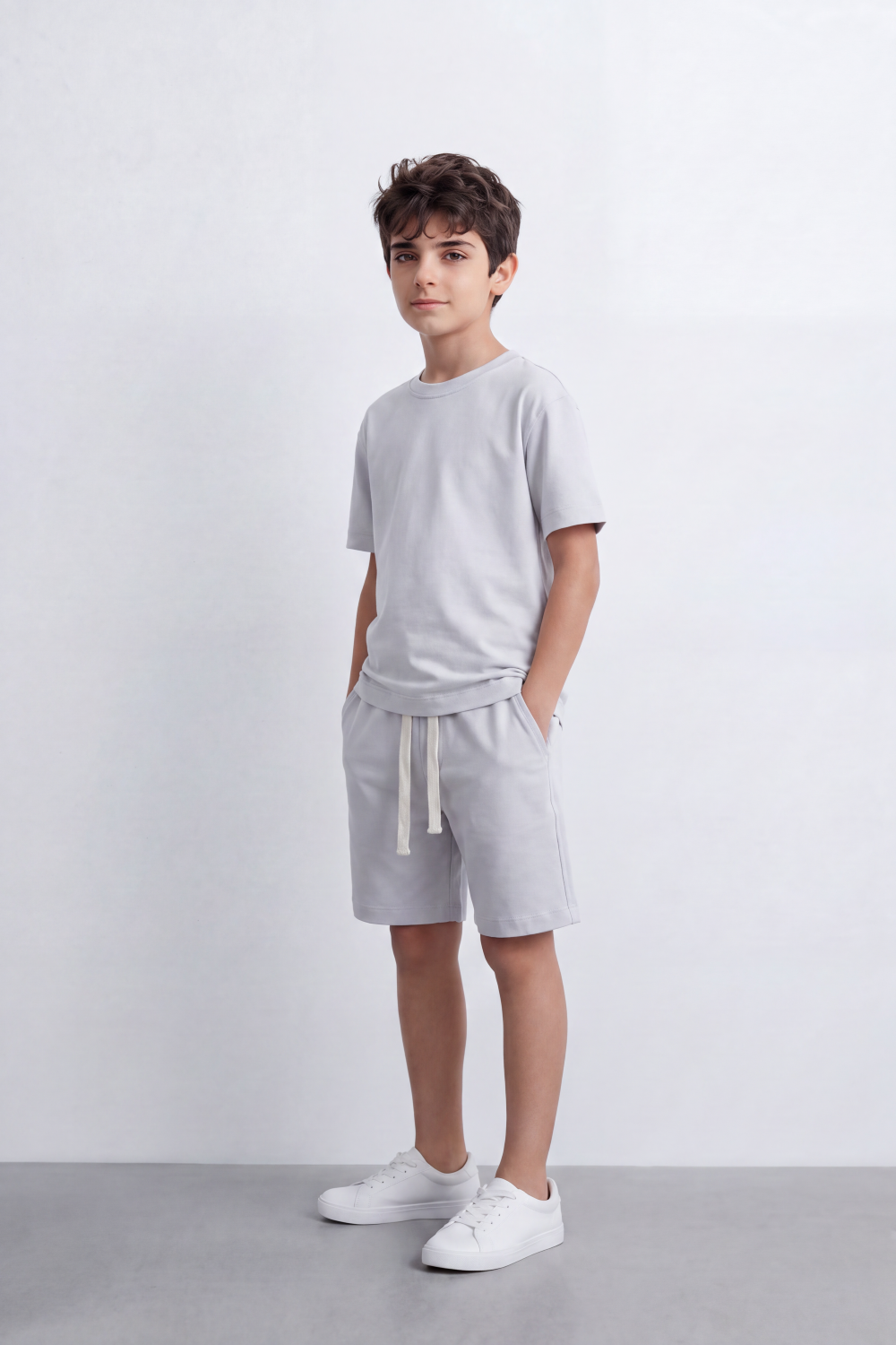 Boy's Tomato Store Summer Melton Jersey Co-Ord Set Minimal Clean Design Relaxed Silhouette Drawstring Waist Soft Finish Oversize Outfit