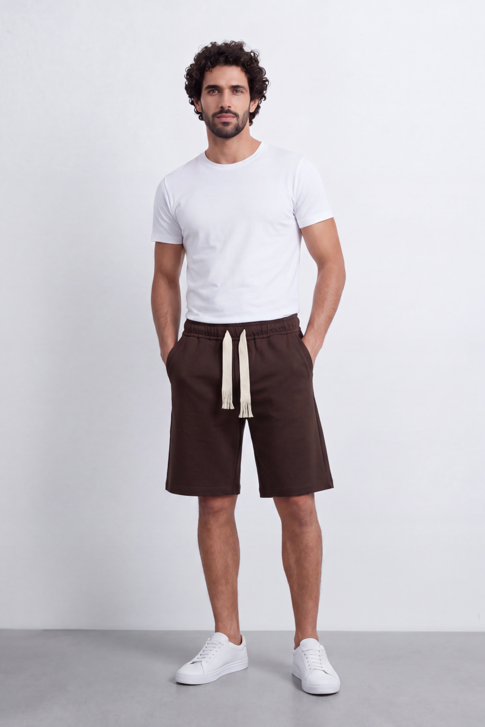 Men's Tomato Store Summer Cotton Bermuda Shorts Summer Melton Bagy Fit Elastic Waist Fringed Drawstring Detail