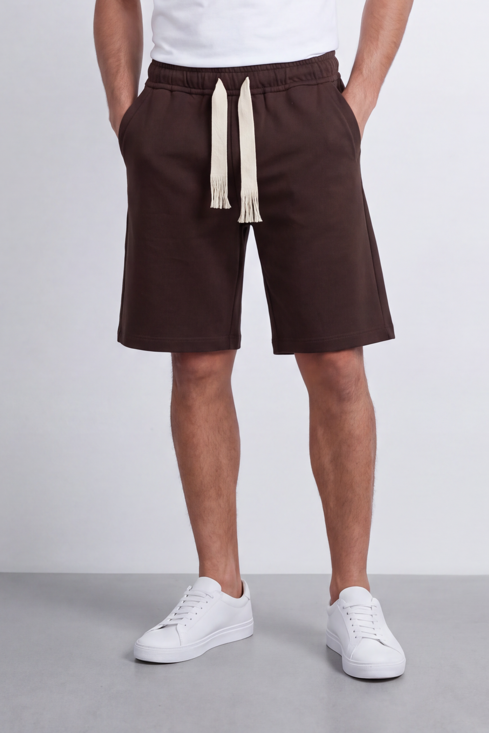 Men's Tomato Store Summer Cotton Bermuda Shorts Summer Melton Bagy Fit Elastic Waist Fringed Drawstring Detail