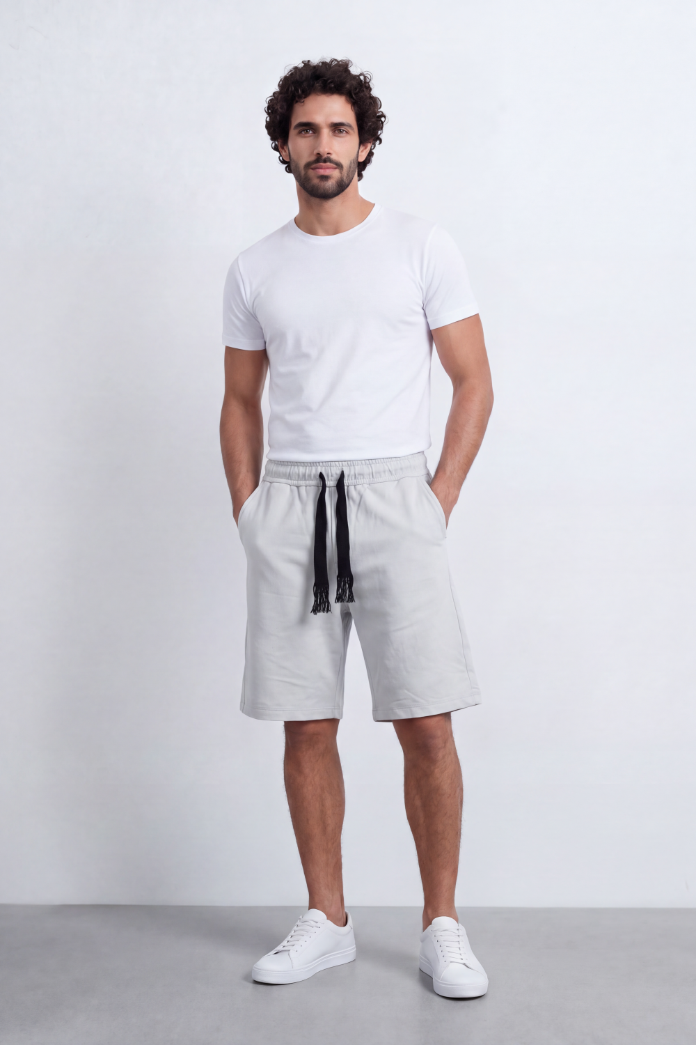 Men's Tomato Store Summer Cotton Bermuda Shorts Summer Melton Bagy Fit Elastic Waist Fringed Drawstring Detail