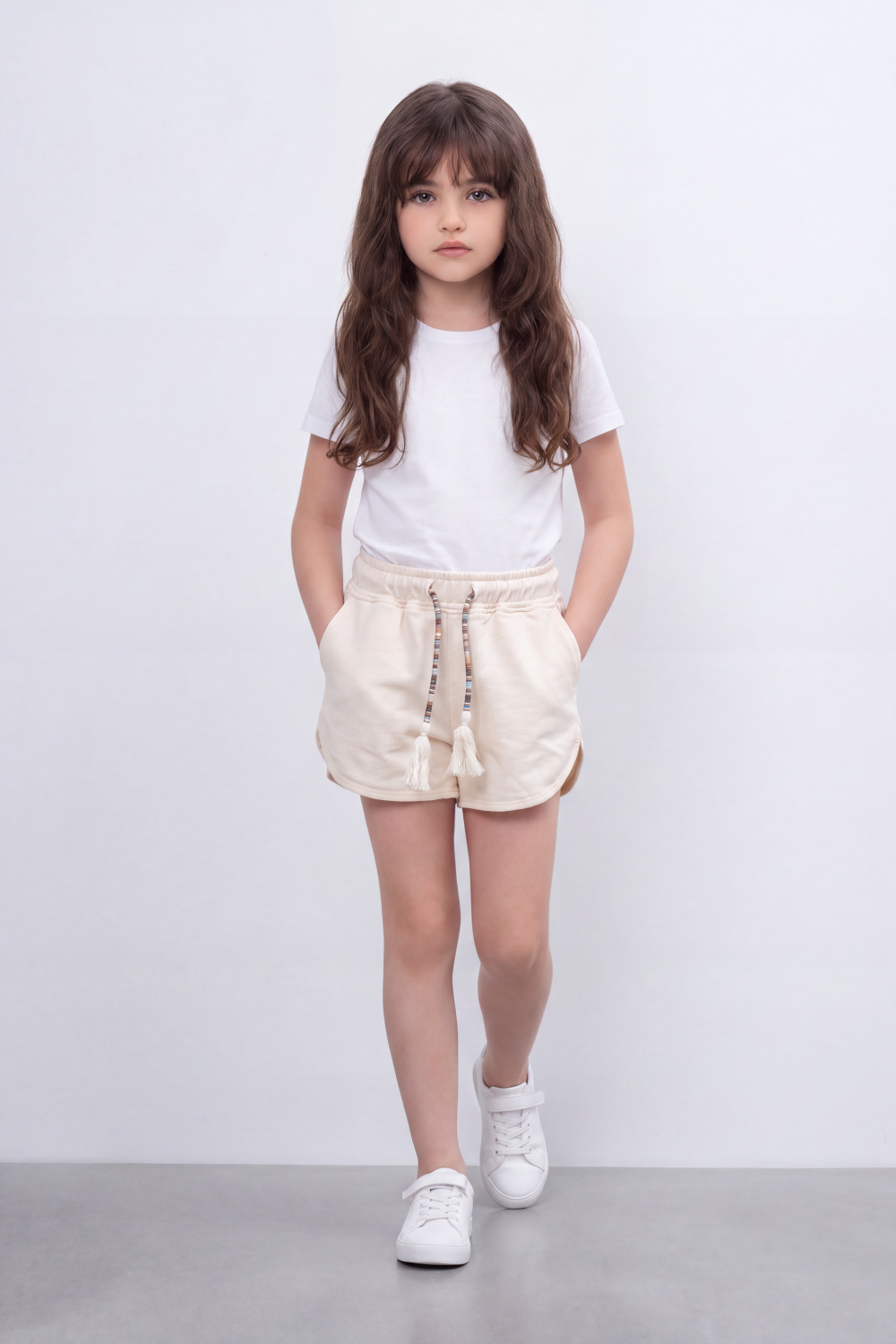 Girl's Tomato Store Tassel Lounge Oversized Summer Melton Shorts Soft Washed Surface Curved Hem Elastic Waist Beaded Tassel Drawcord Side Pockets