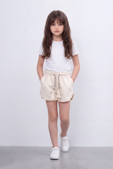 Girl's Tomato Store Tassel Lounge Oversized Summer Melton Shorts Soft Washed Surface Curved Hem Elastic Waist Beaded Tassel Drawcord Side Pockets