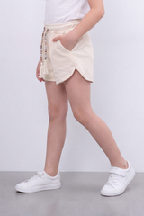 Girl's Tomato Store Tassel Lounge Oversized Summer Melton Shorts Soft Washed Surface Curved Hem Elastic Waist Beaded Tassel Drawcord Side Pockets