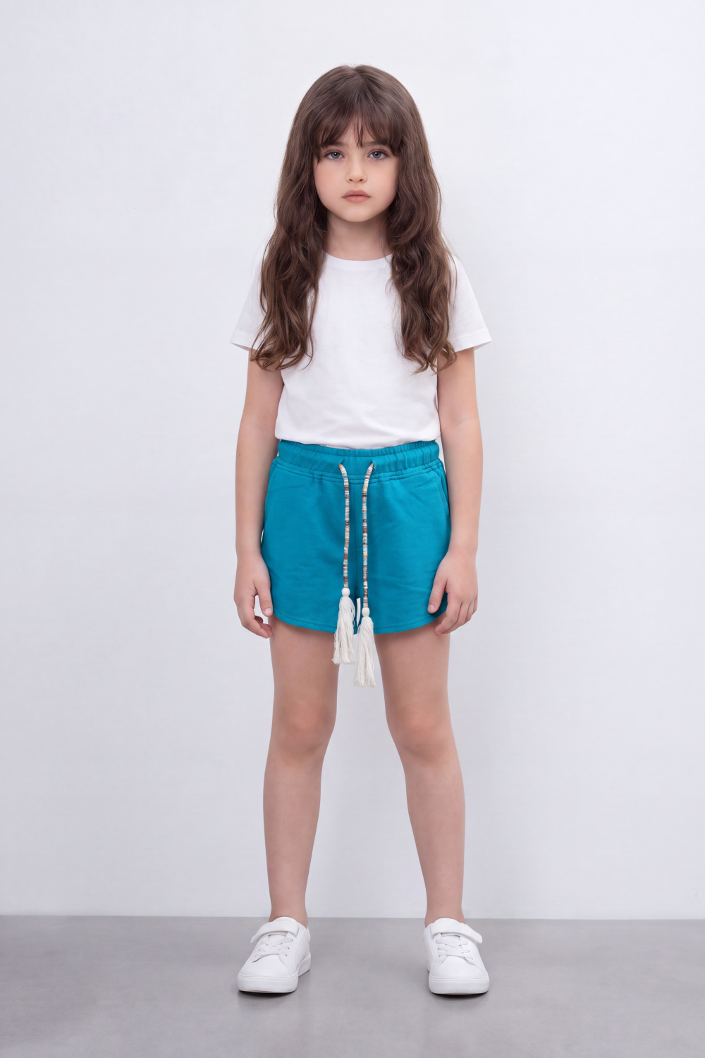 Girl's Tomato Store Tassel Lounge Oversized Summer Melton Shorts Soft Washed Surface Curved Hem Elastic Waist Beaded Tassel Drawcord Side Pockets