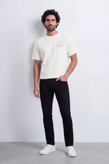 Men's Tomato Store Box Fit T-Shirt Minimal Compass Chest Graphic Clean Crew Neck