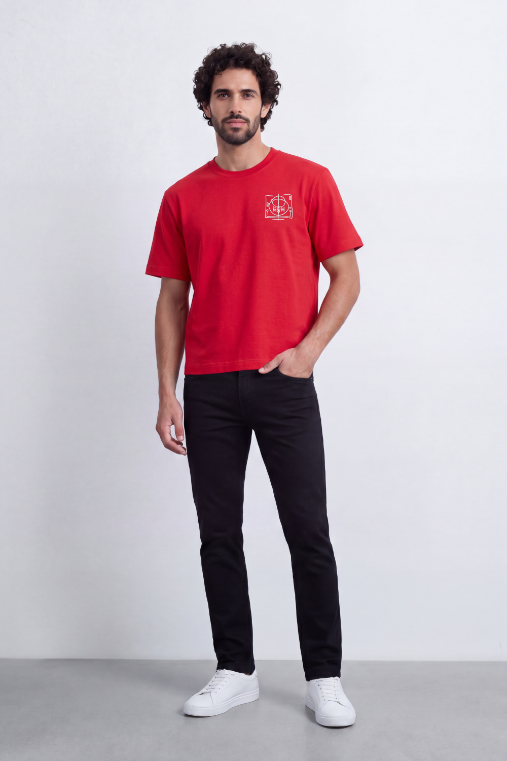 Men's Tomato Store Box Fit T-Shirt Minimal Compass Chest Graphic Clean Crew Neck