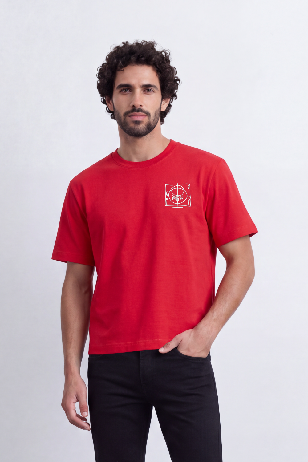Men's Tomato Store Box Fit T-Shirt Minimal Compass Chest Graphic Clean Crew Neck