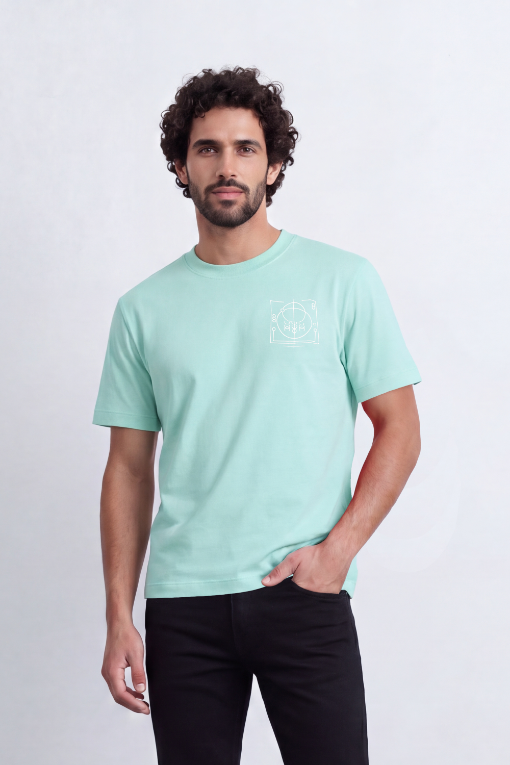 Men's Tomato Store Box Fit T-Shirt Minimal Compass Chest Graphic Clean Crew Neck