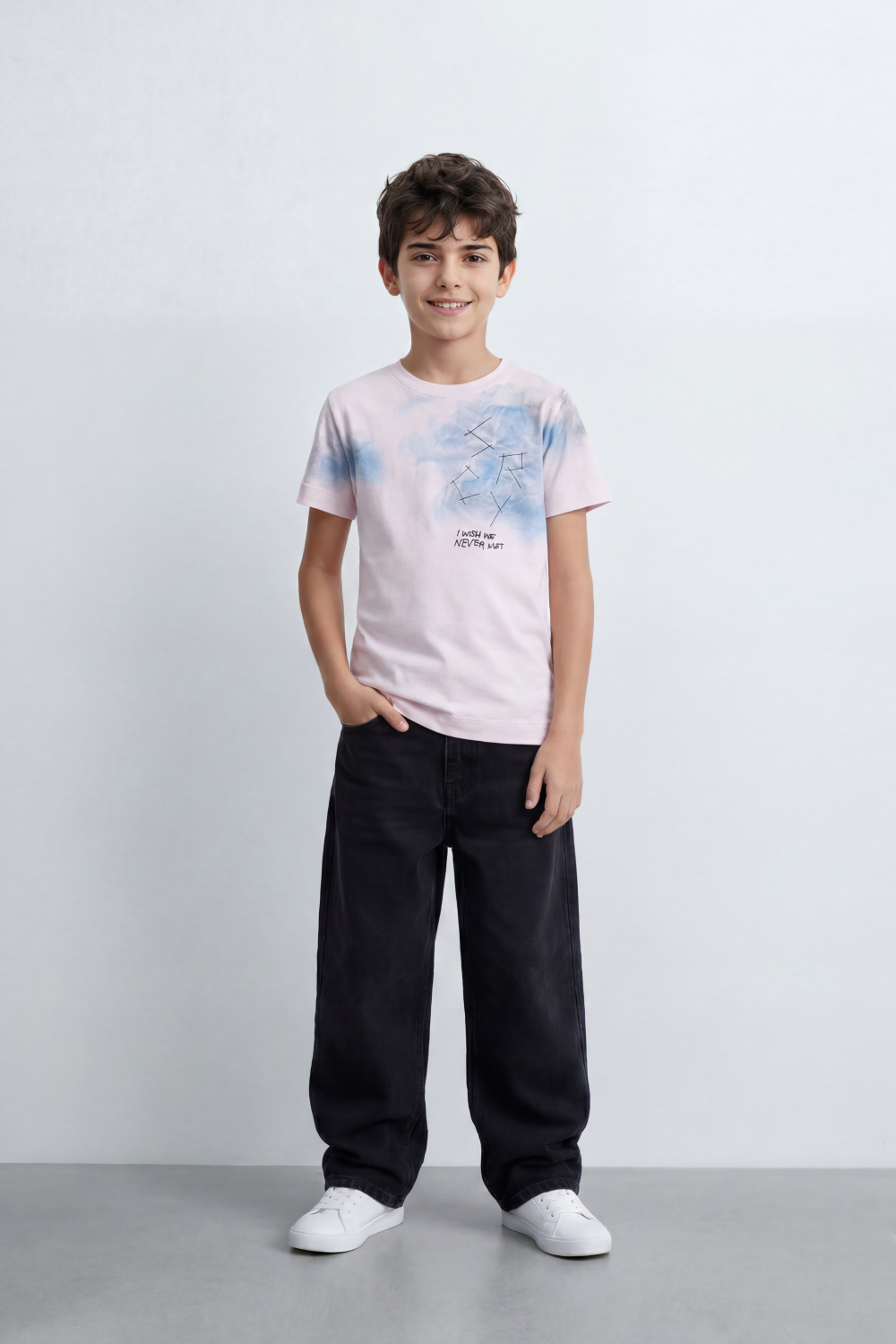 Boy's Tomato Store Cloud Sketch T-Shirt Slim Fit Summer Melton Knit Fabric Soft Airbrush Wash Effect Front Abstract Line Artwork Small Quote Print
