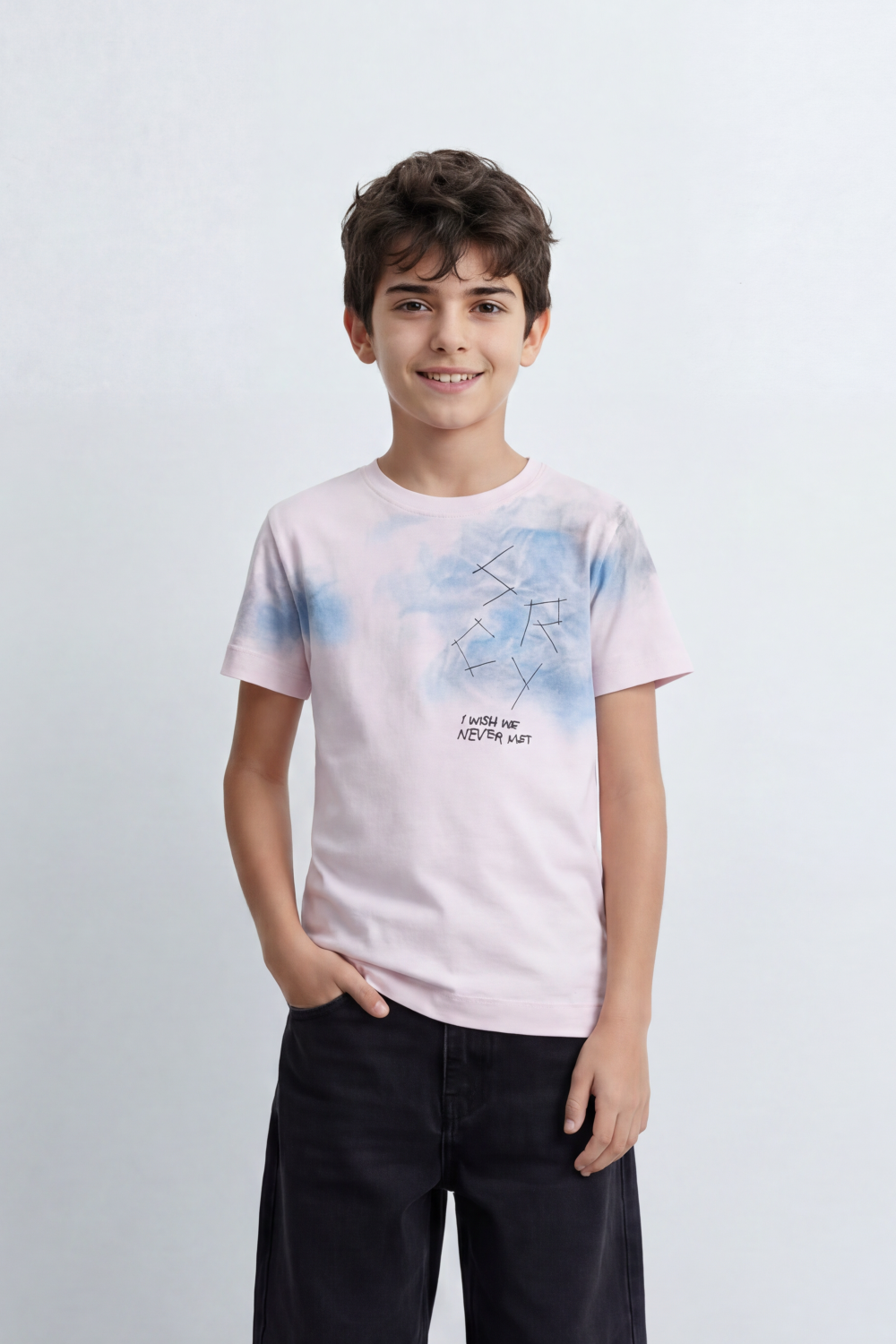 Boy's Tomato Store Cloud Sketch T-Shirt Slim Fit Summer Melton Knit Fabric Soft Airbrush Wash Effect Front Abstract Line Artwork Small Quote Print