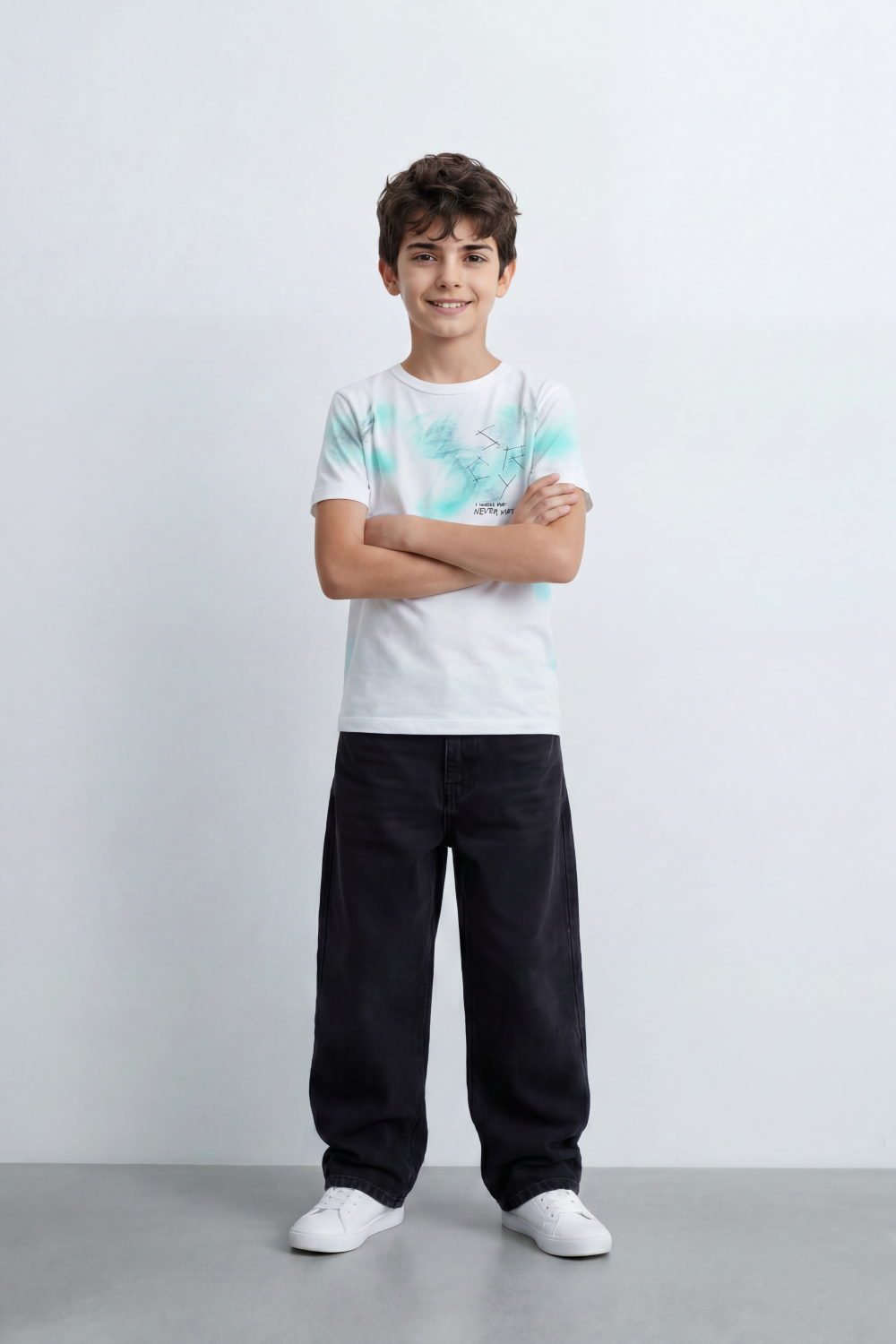 Boy's Tomato Store Cloud Sketch T-Shirt Slim Fit Summer Melton Knit Fabric Soft Airbrush Wash Effect Front Abstract Line Artwork Small Quote Print