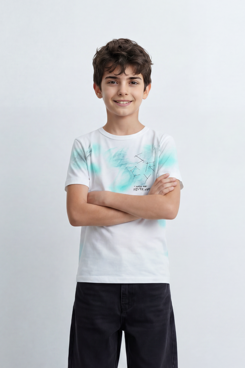 Boy's Tomato Store Cloud Sketch T-Shirt Slim Fit Summer Melton Knit Fabric Soft Airbrush Wash Effect Front Abstract Line Artwork Small Quote Print