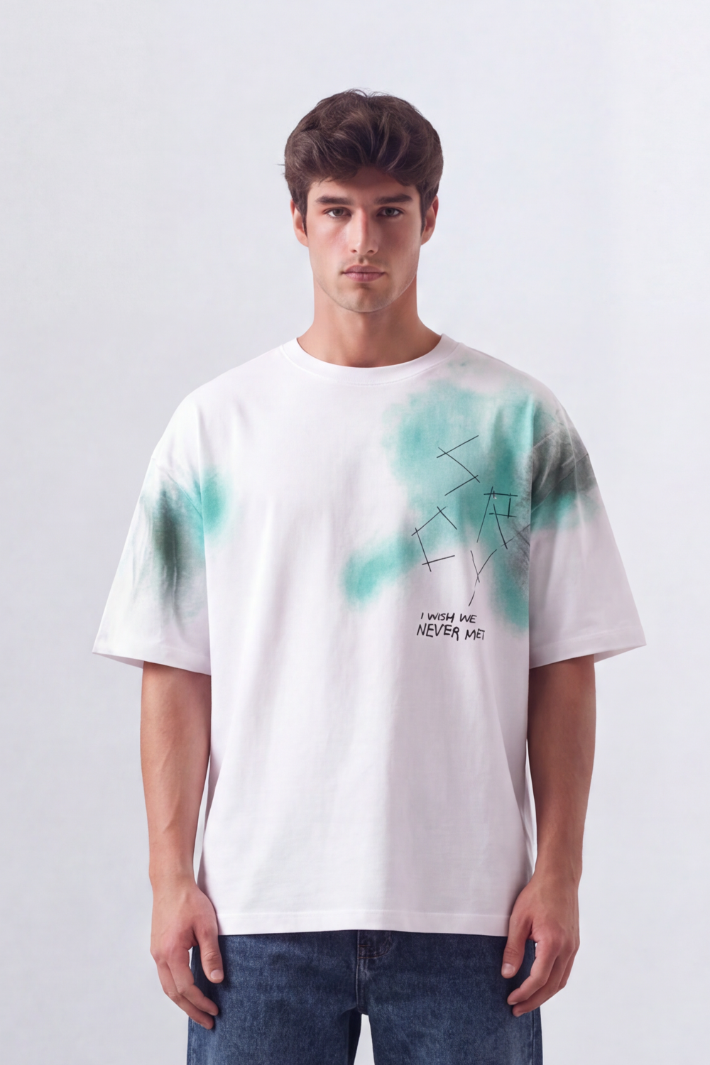 Men’s Tomato Store Airbrush Memory Oversize T-Shirt Soft Cloud Wash Across The Body With Abstract Scratch Sketch Small Quote Print
