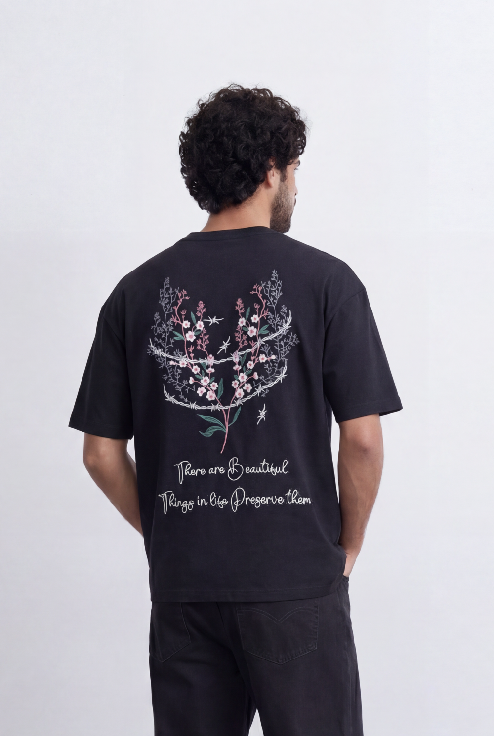 Men’s Tomato Store Back Botanical T-Shirt Oversized Relaxed Fit Floral Branch Artwork Script Quote Detail