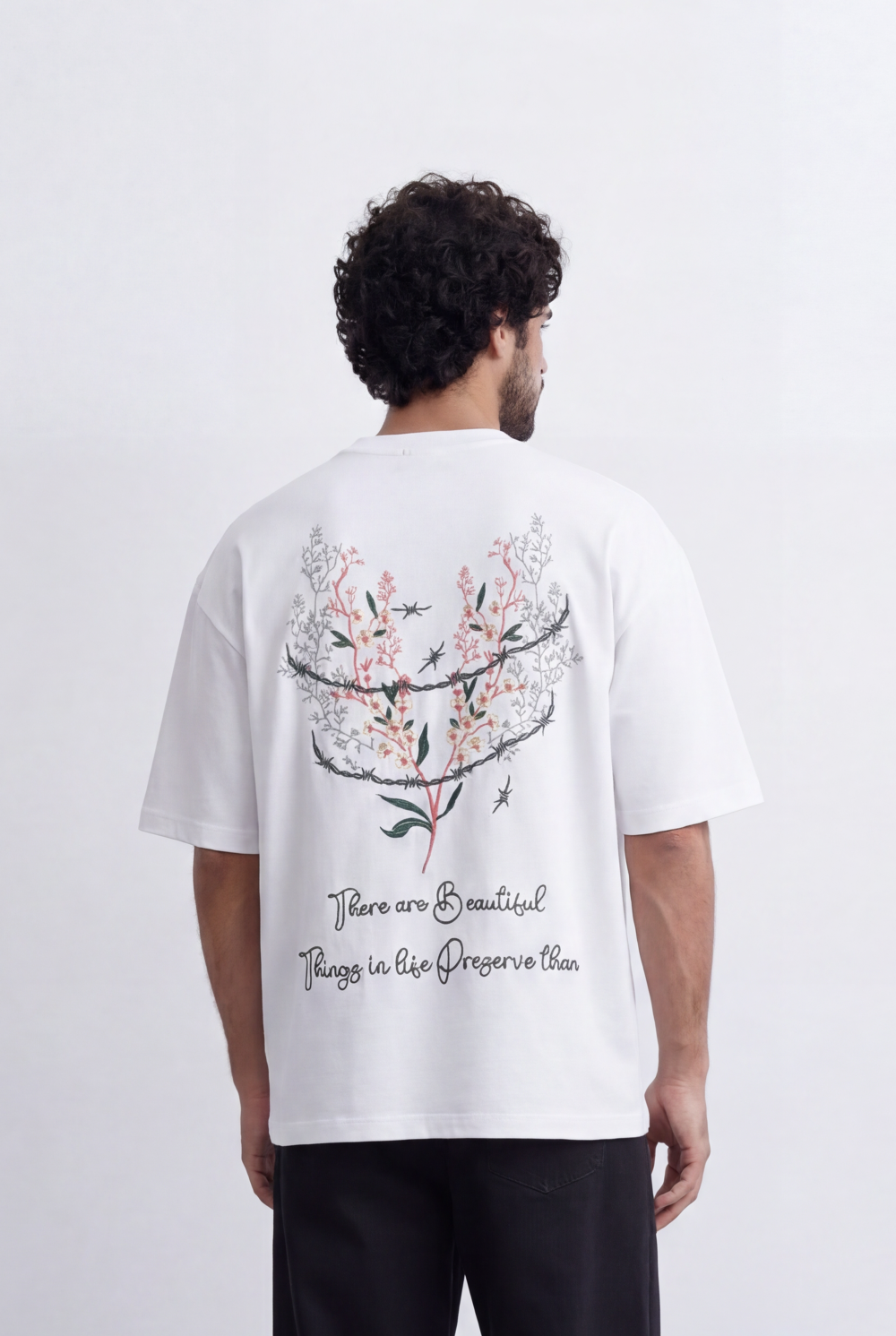 Men’s Tomato Store Back Botanical T-Shirt Oversized Relaxed Fit Floral Branch Artwork Script Quote Detail