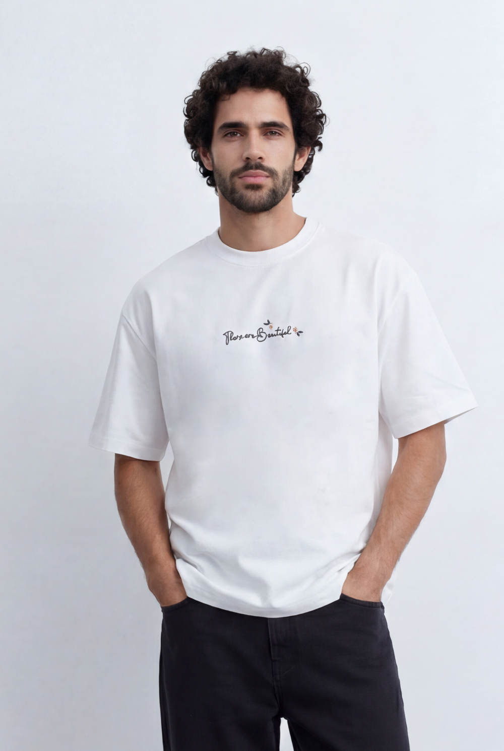 Men’s Tomato Store Back Botanical T-Shirt Oversized Relaxed Fit Floral Branch Artwork Script Quote Detail